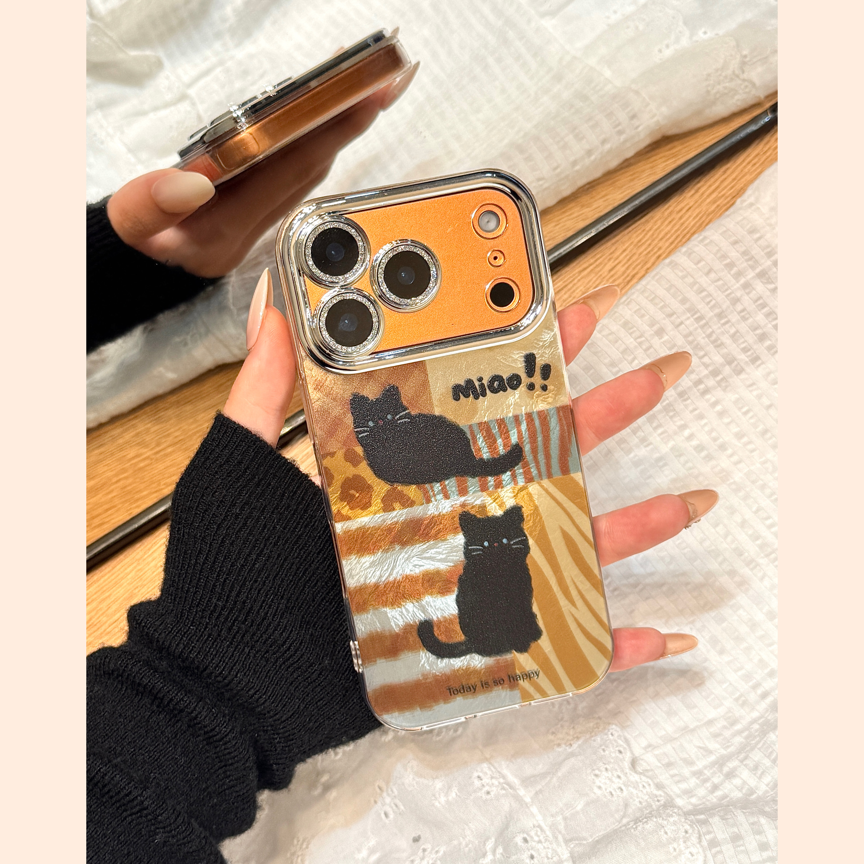 锡纸纹复古拼接豹纹黑色猫咪闪粉镜头膜适用于iphone17promax苹果14手机壳15新款16pro女13全包边17pm防摔套