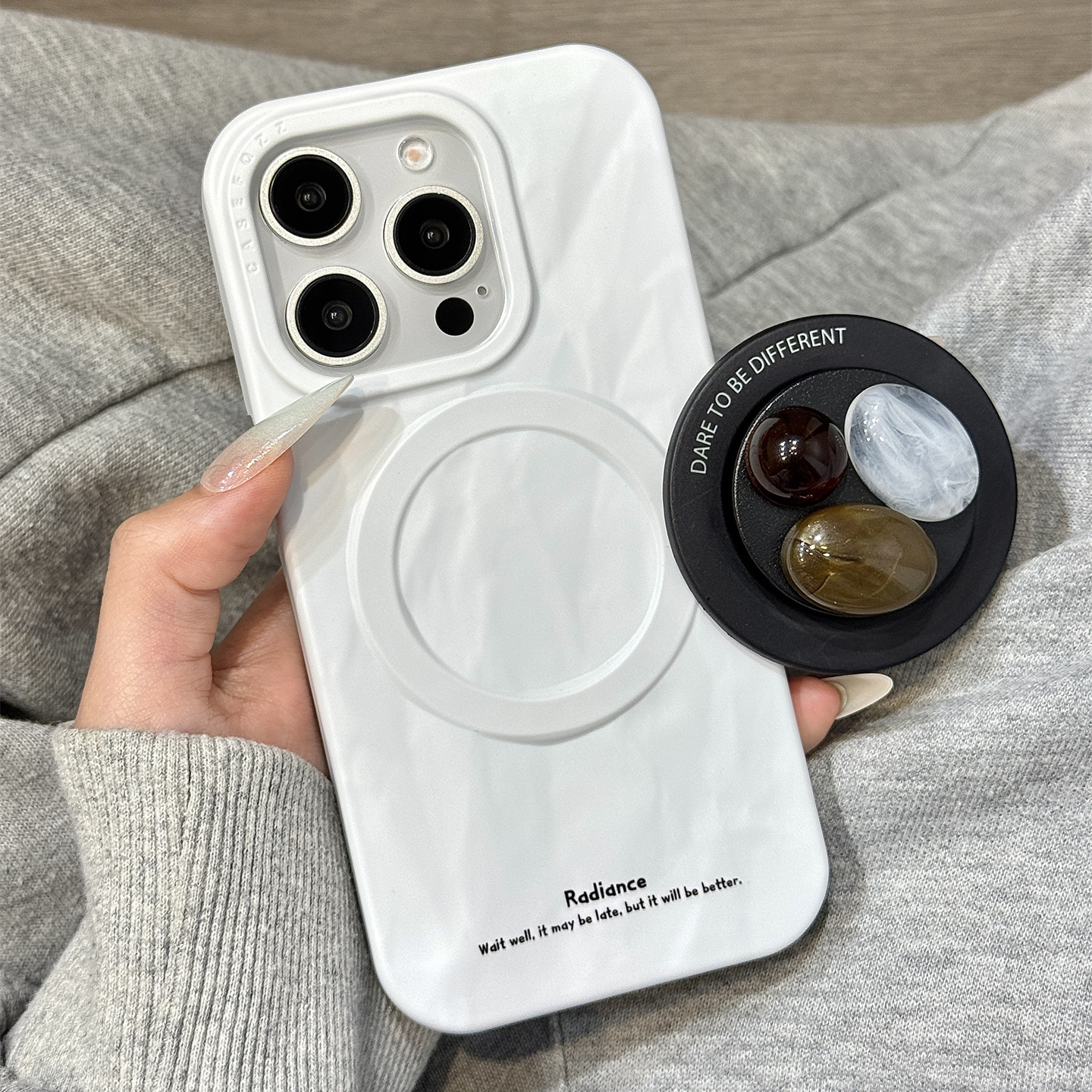 ins冷淡风立体宝石磁吸支架适用于iphone16promax苹果14手机壳15新款15pro女16二合一13pm褶皱菲林硬壳防摔套