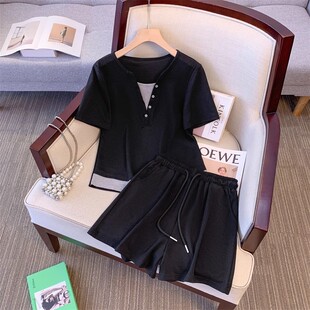 短裤 胖mm200斤大码 宽松显瘦短袖 女夏季 两件套 假两件休闲运动套装