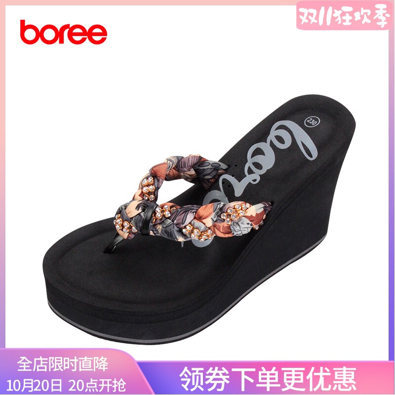宝人坡跟凉拖女夏季花布水钻链条