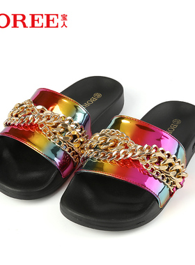 宝人BOREE凉拖女时尚网红外穿一片拖鞋防滑沙滩鞋链条休闲一字拖