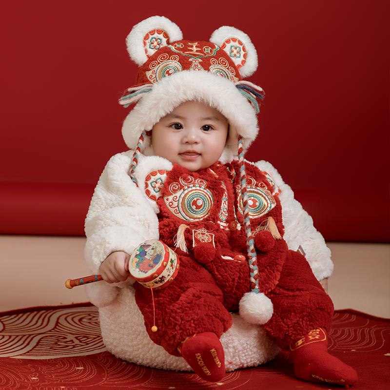 宝宝加绒连体衣龙年中式冬款拜年服满月百天抓周新年宝宝周岁礼服