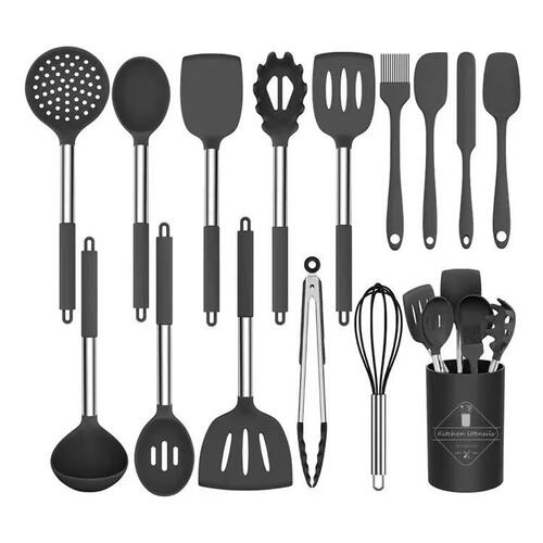 Silicone kitchenware 15 piece set with stainless steel tube