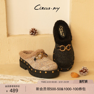 SAM 女CIRCUS EDELMAN山姆爱德曼春加绒毛毛穆勒勃肯铆钉厚底拖鞋