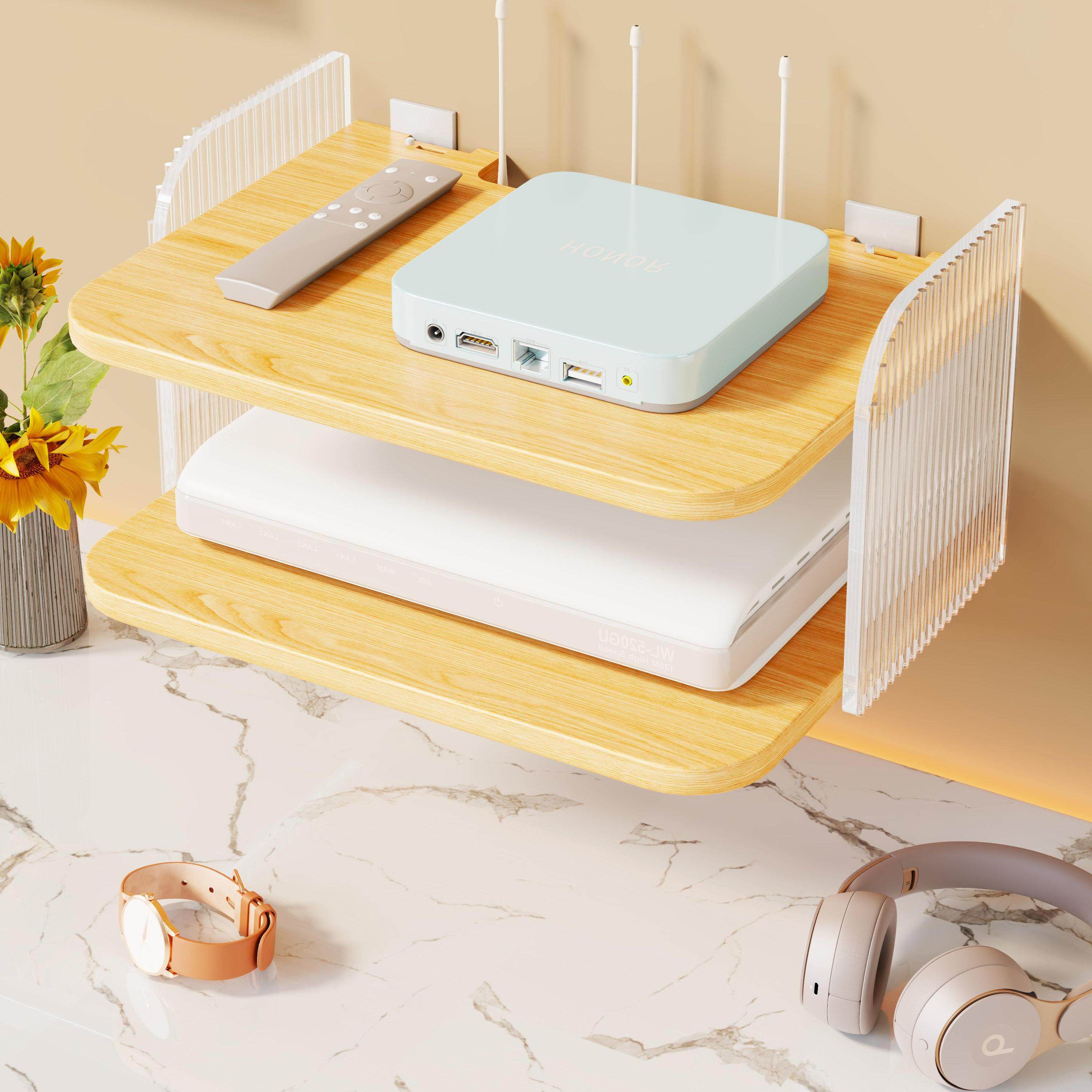 路由器置物架免打孔双层床头托架投影仪客厅wifi墙壁电视挂墙上机顶盒路由器放置架置物收纳盒免打孔托架支架