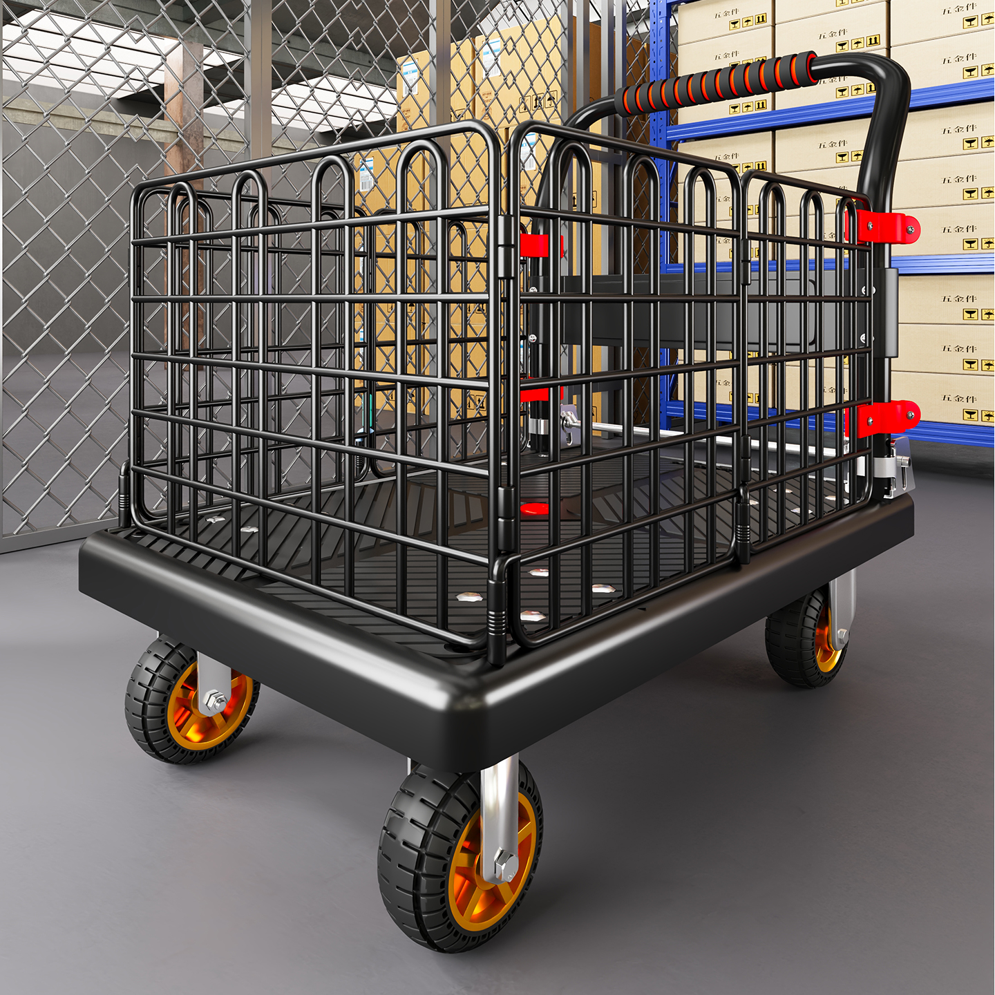 围栏平板车静音可折叠家用快递手推车小拉车轻便捷搬运车拉货拖车