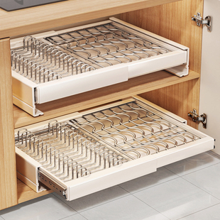 厨房抽拉碗碟收纳架家用免打孔抽屉碗盘餐具沥水架橱柜放碗具拉篮