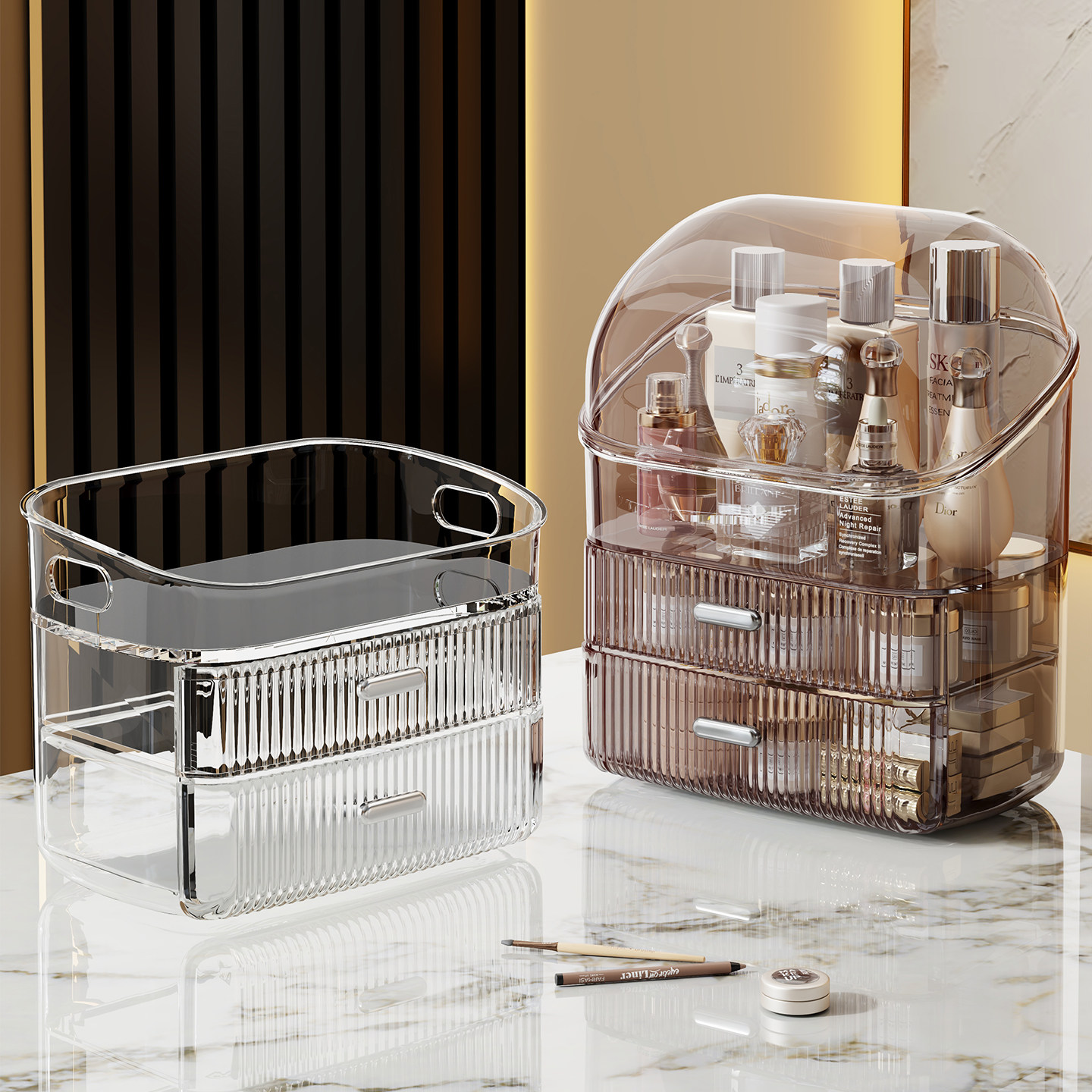 桌面化妆品收纳盒透明防尘护肤品置物架高级感带盖香水多层储物柜,收纳整理,桌面收纳盒,淘宝优惠券,粉丝福利购,淘宝优惠卷