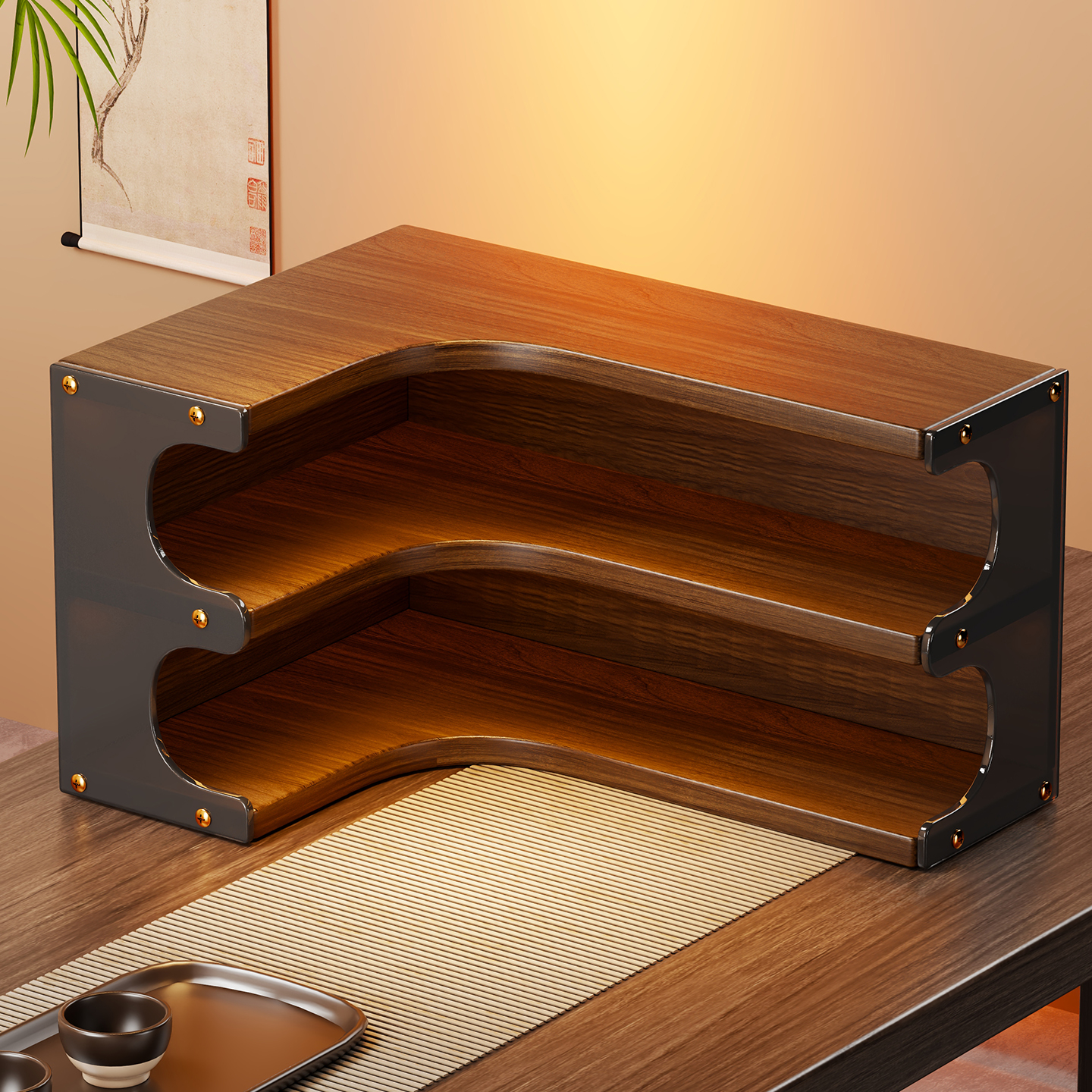 桌面博古架实木茶杯架子