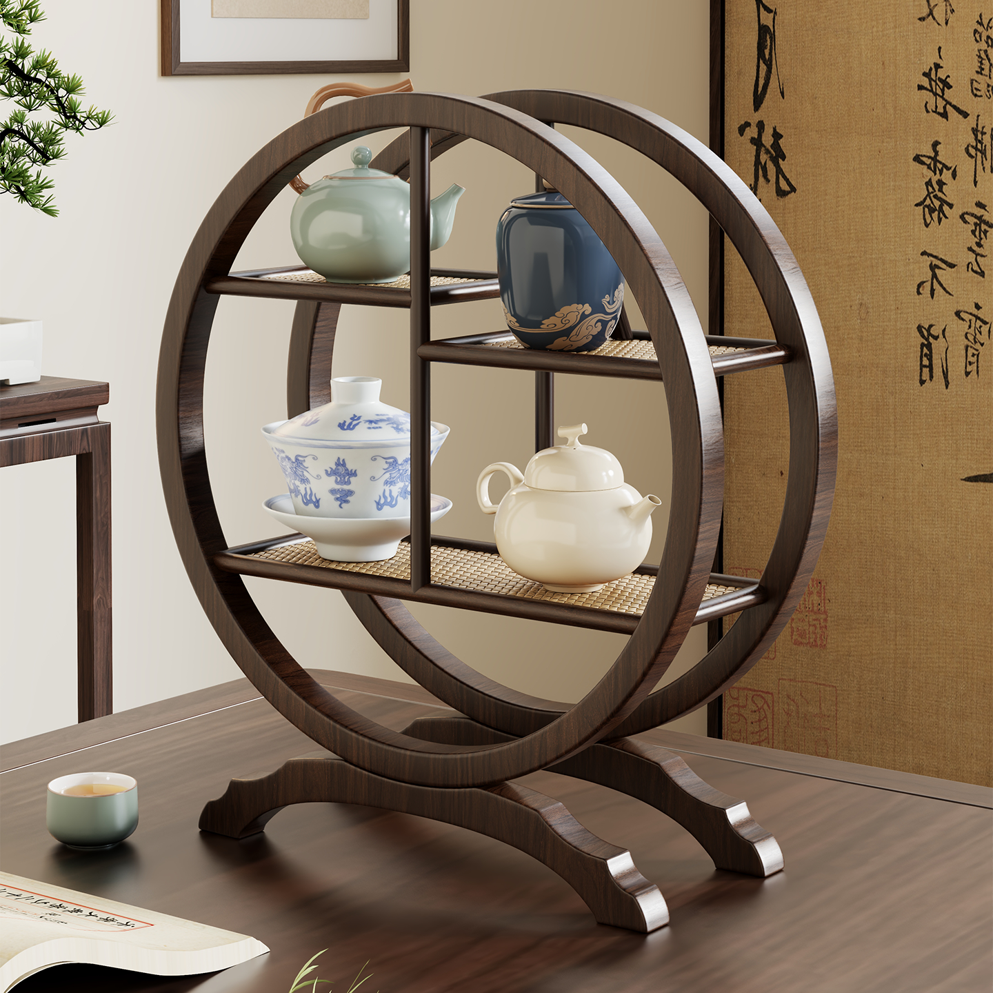 复古中式博古架置物架桌面茶具