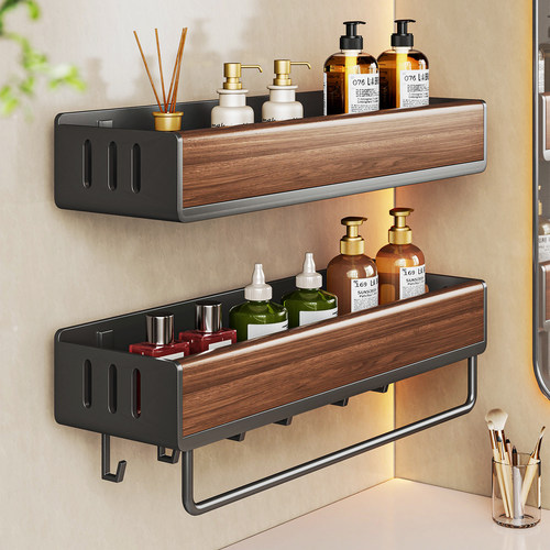 胡桃木免打孔壁挂卫浴置物架