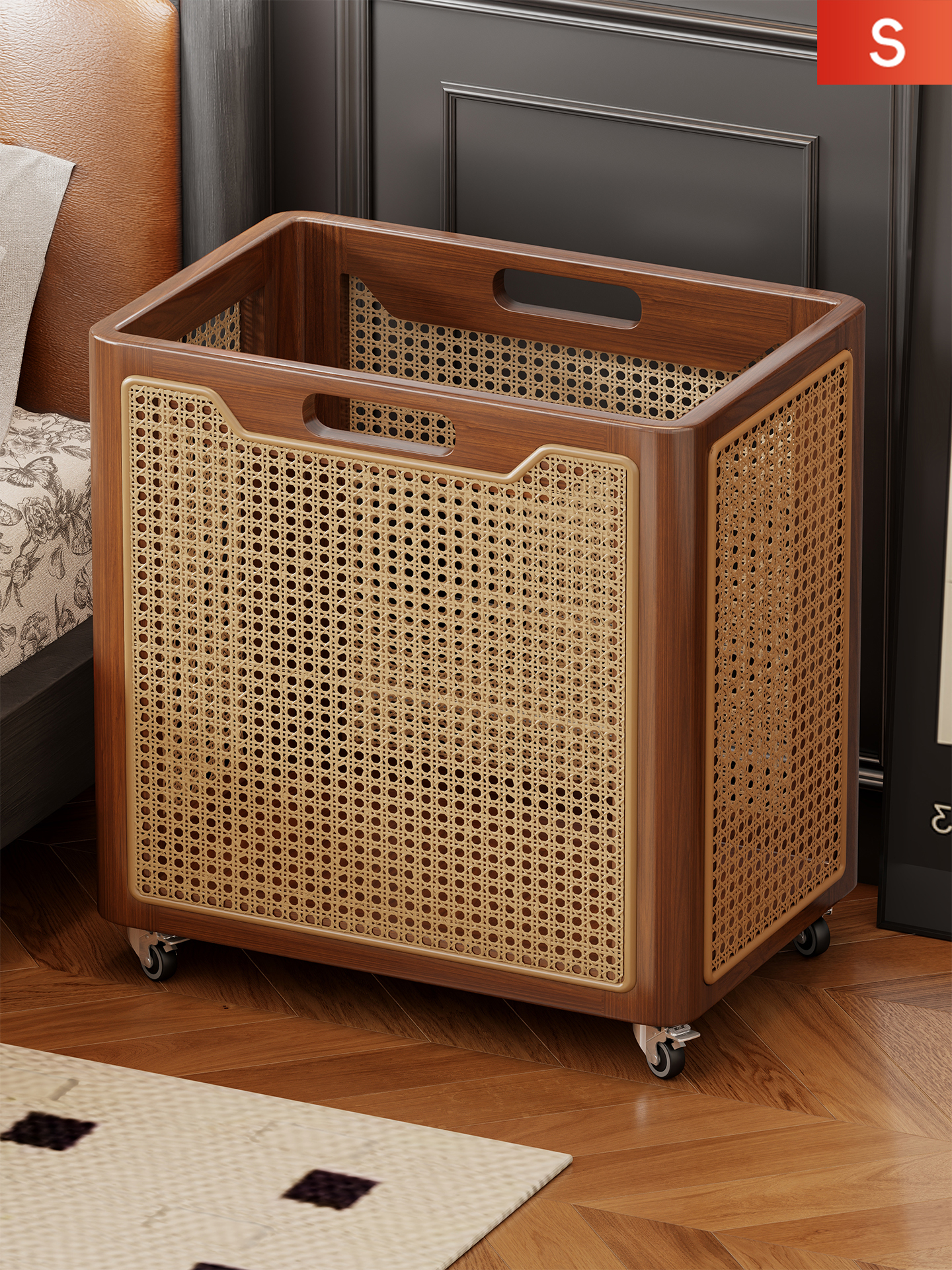 实木瑜伽垫收纳筐带轮家用羽毛球拍收纳架杂物篮健身运动器材收纳