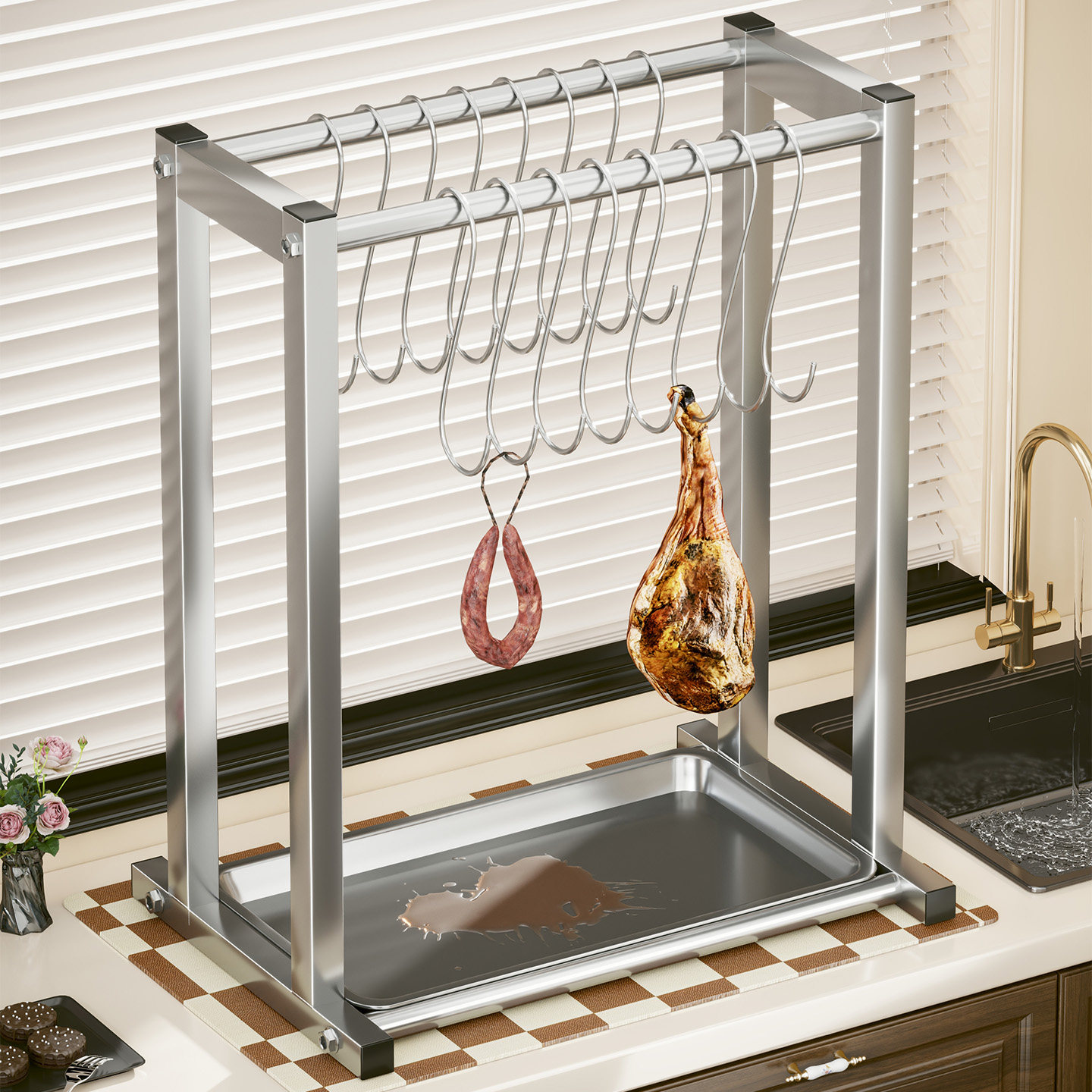 不锈钢腊肉架晾晒架家用腊肠火腿牛羊肉猪肉鸡阳台室外挂架收纳架