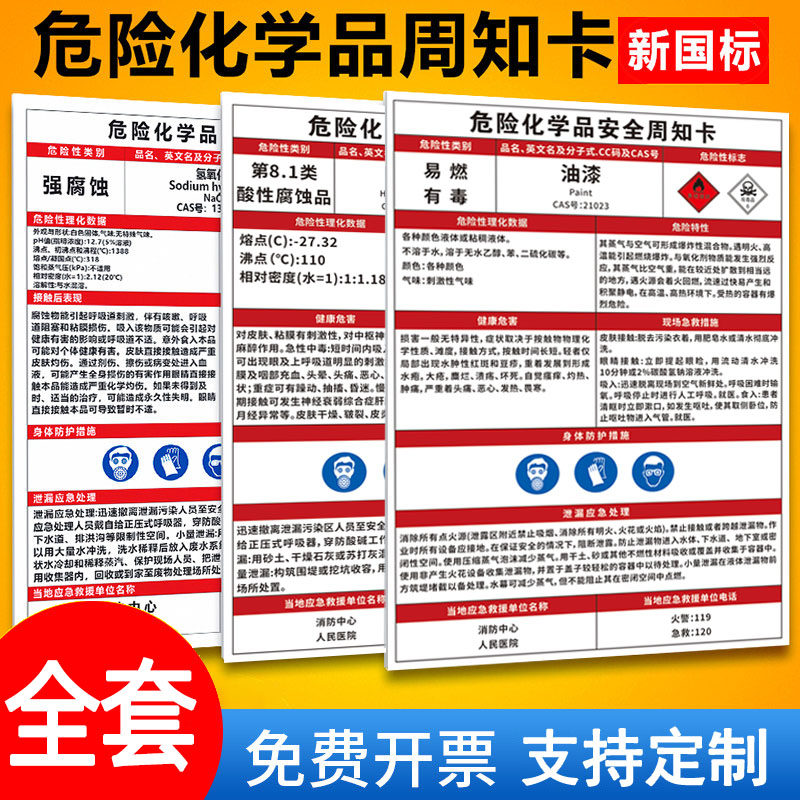 危险化学品安全周知卡职业病危害告知工厂仓库危废间标识牌警告盐酸硝酸油漆氮气有毒有害易燃易爆警示牌定制