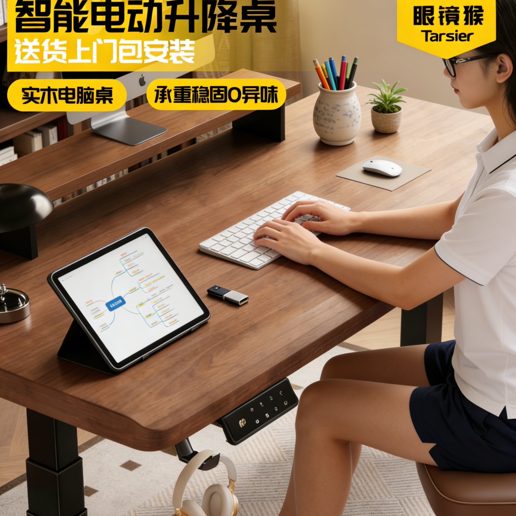 电动升降桌实木电脑桌台式卧室学习电竞书桌家用办公双电机桌子腿,住宅家具,电动升降桌,淘宝优惠券,粉丝福利购,淘宝优惠卷