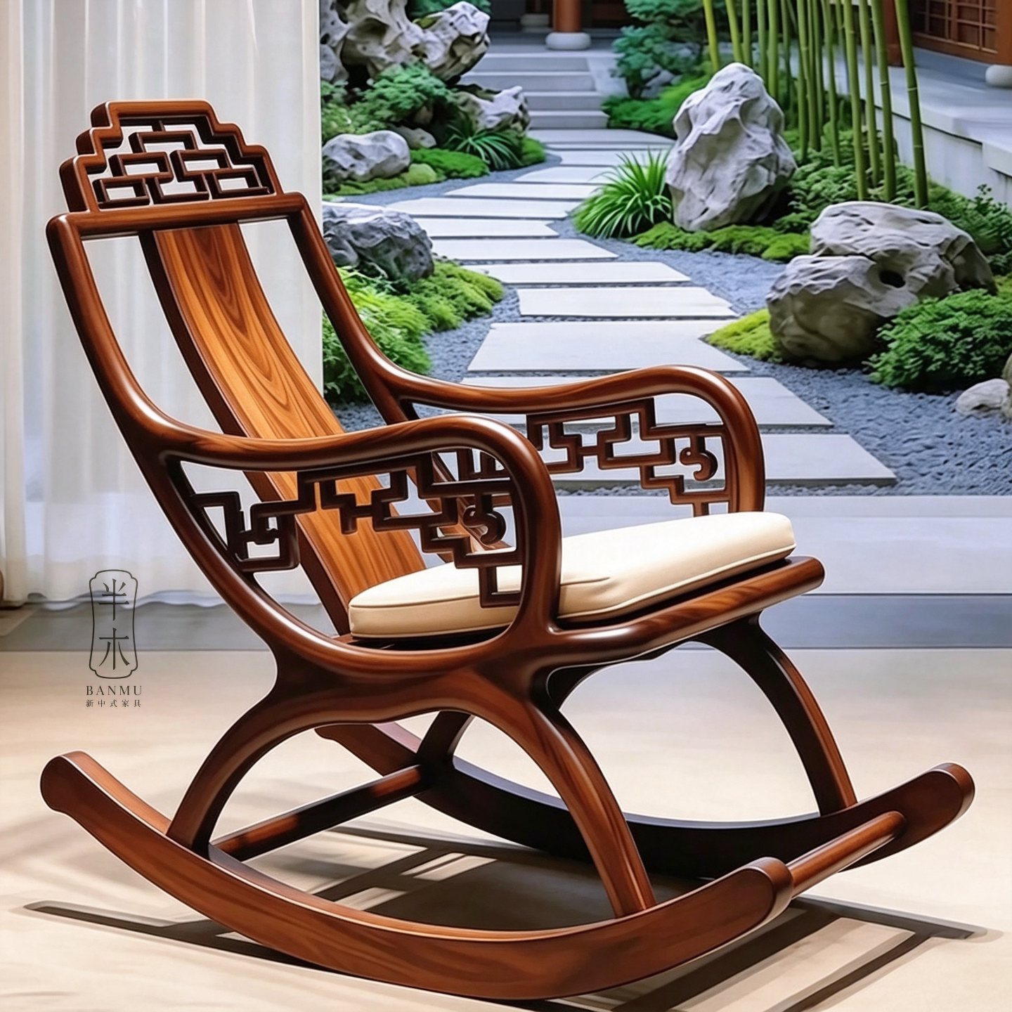 中古风实木摇摇椅午休单人躺椅