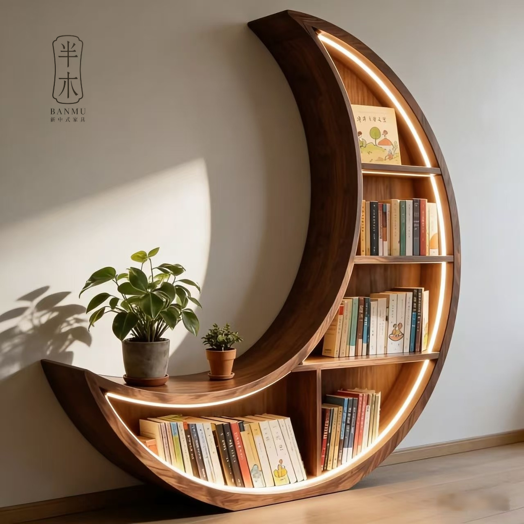 月亮异形书架新中式美学书柜定制