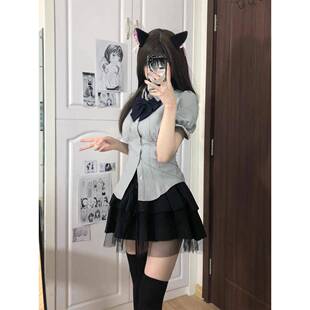 韩系学院风套装JK制服少女青灰色泡泡袖收腰衬衫蓬蓬网纱半身裙子