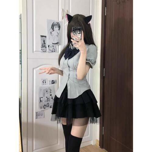 韩系学院风套装JK制服少女青灰色泡泡袖收腰衬衫蓬蓬网纱半身裙子