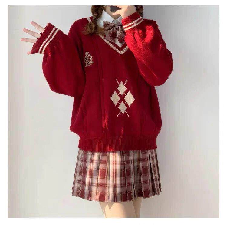 2022秋冬新款圣诞毛衣红色新年套装女式日式Jk制服秋冬针织夹克