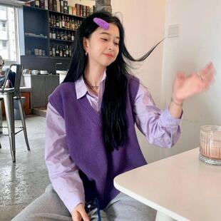 毛衣背心女性容易匹配的春季服装韩国版2022新紫色V领宽松堆叠针