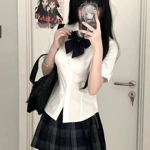 短袖学院风显白色泡泡显瘦辣妹衬衫女套装夏季jk制服收腰衬衫上衣