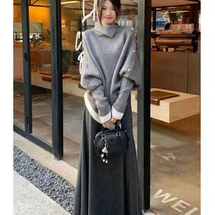 深秋初冬穿搭灰色不规则假两件高领毛衣女秋冬季慵懒风针织衫上衣