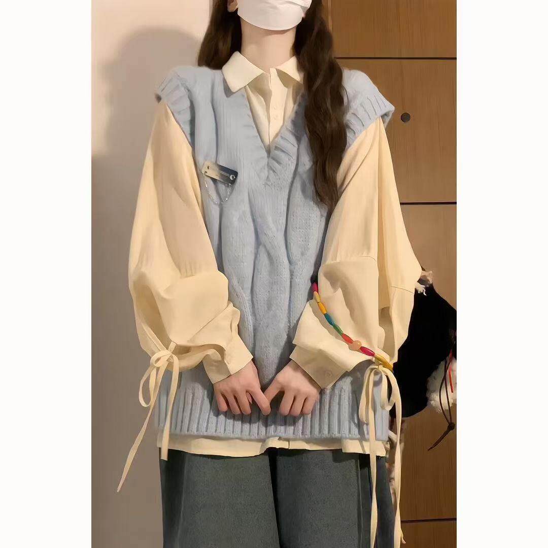 韩版甜美学院风蓝色麻花V领无袖针织衫马甲背心女+绑带衬衫两件套