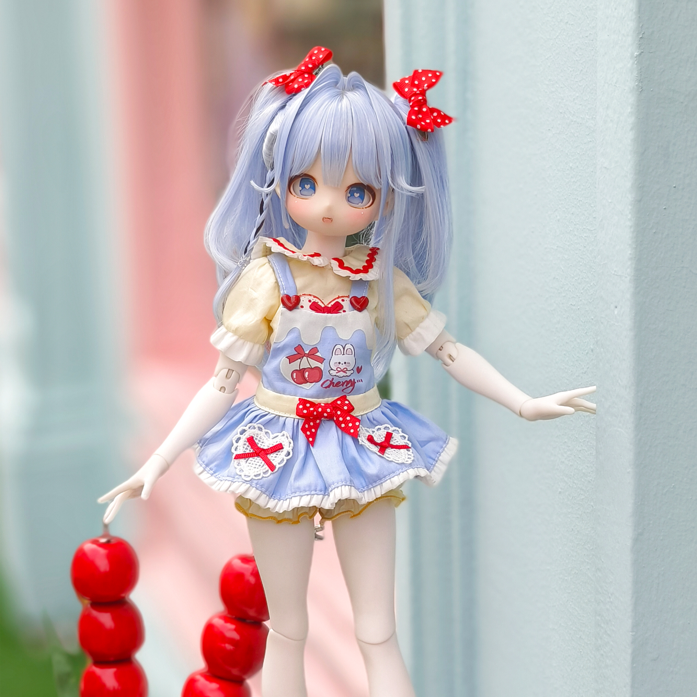 【全款现货】原创bjd四分娃衣兔兔樱桃背带裙四分通穿可爱红格子