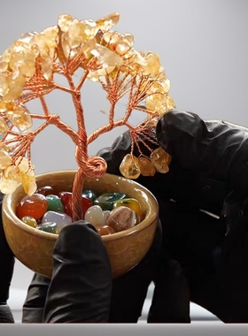 黄水晶发财树招财摆件摇钱树聚宝盆茶盏底座摇钱树家居桌面招财