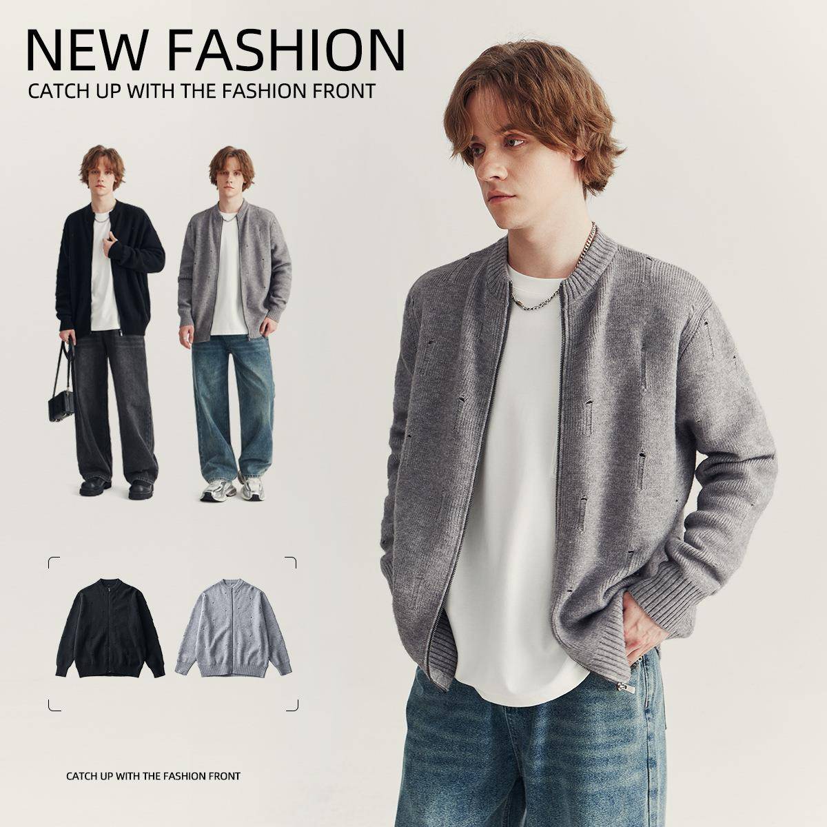 APO男装|2024新款秋季毛衣男款潮牌破洞宽松拉链长袖针织开衫外套