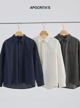 APO男装|跨境男士长袖衬衫秋季痞帅休闲宽松翻领白色衬衣开衫上衣