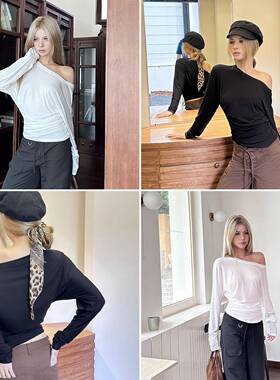 Audwyn兰精天丝斜肩长袖T恤女薄款辣妹宽松堆叠感慵懒风休闲上衣