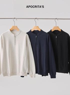 APO男装 |跨境男士秋季卫衣高级感半拉链宽松休闲磨毛长袖T恤上衣