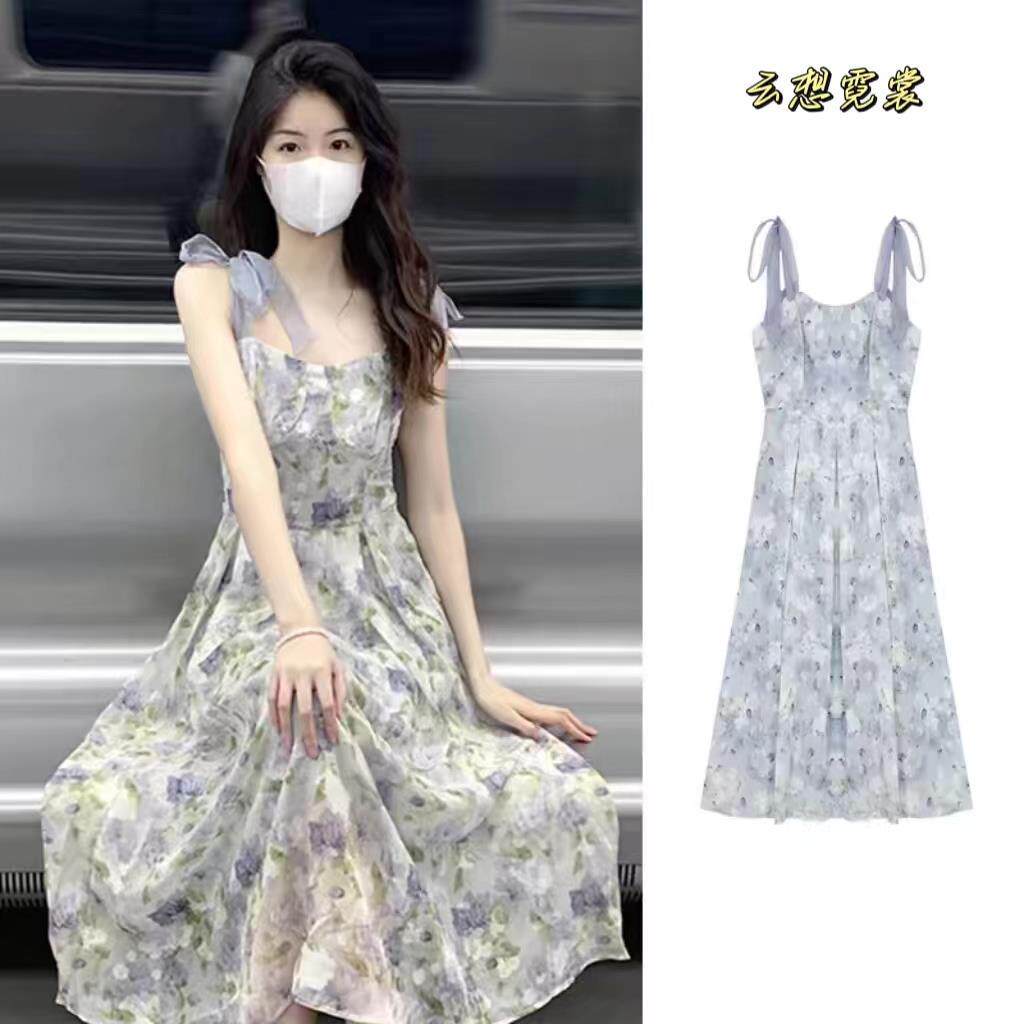 吊带连衣裙油画风法式茶歇碎花女夏季氛围感森系仙女裙雪纺长裙子