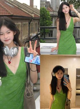 RP双层刺绣法式复古绿色V领连衣裙女夏季显白收腰显瘦无袖长裙
