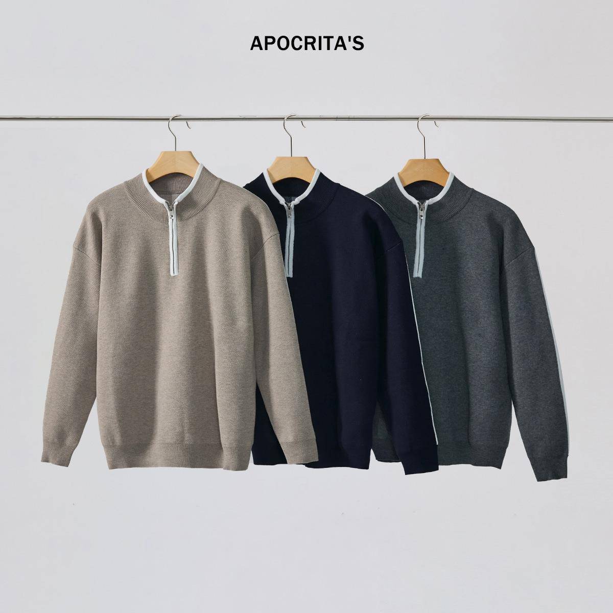 APO男装|跨境男士毛衣秋冬季老钱风撞色宽松半拉链羊毛打底针织衫