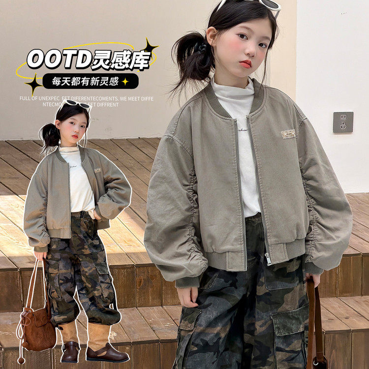 女童春秋棒球服迷彩长裤套装宽松普通外套