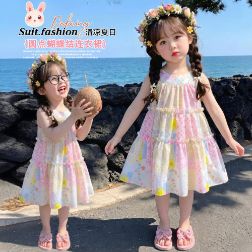 女童圆点蝴蝶结连衣裙夏季宝宝无袖碎花清凉公主风洋气可爱时尚裙