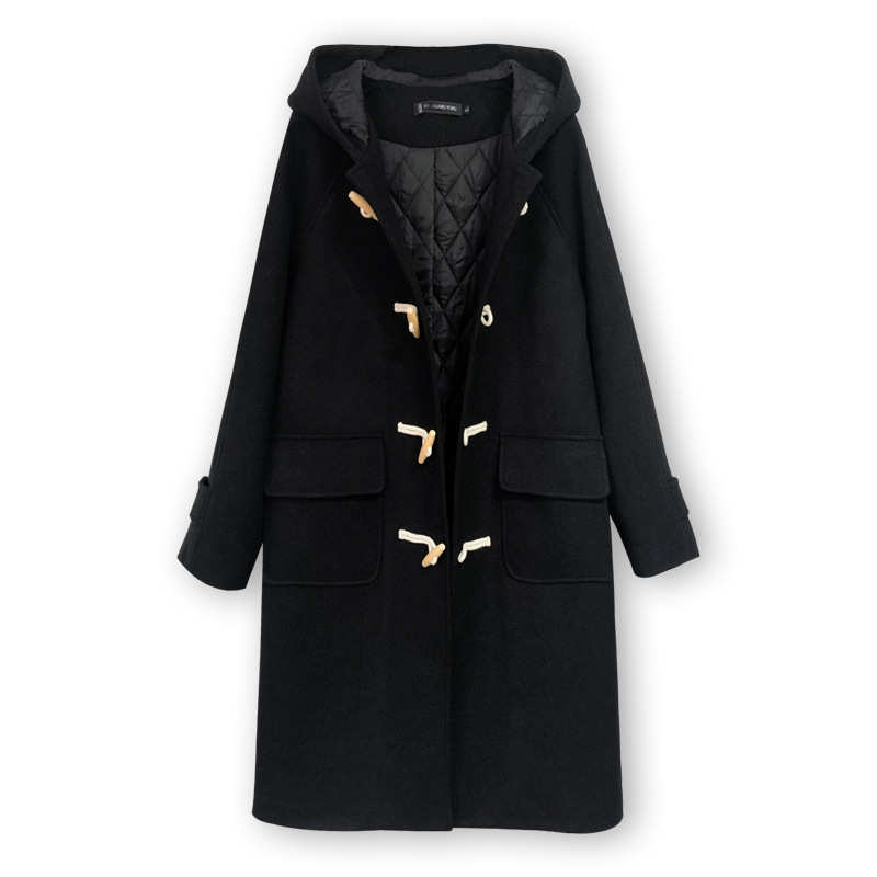 大码连帽毛呢外套女中长款冬季夹棉加厚胖MM牛角扣呢子大衣