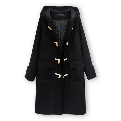 大码连帽毛呢外套女中长款冬季夹棉加厚胖MM牛角扣呢子大衣