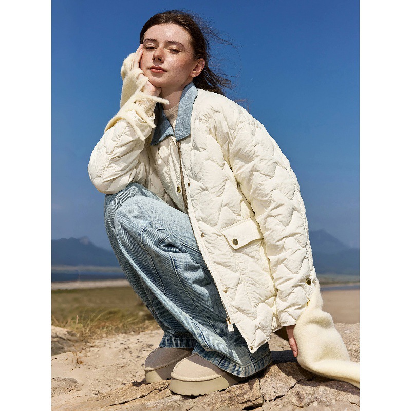 牛仔翻领棉服女2025秋冬新款白色保暖短款时尚轻便外套