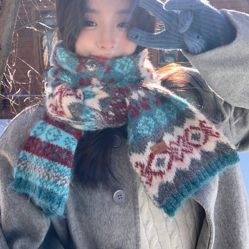 费尔岛围巾女韩系高级感提花围脖2025秋冬季加厚保暖毛绒针织披肩
