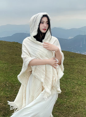 2026新款欧美风镂空流苏披肩女夏季防晒外搭连帽斗篷针织开衫