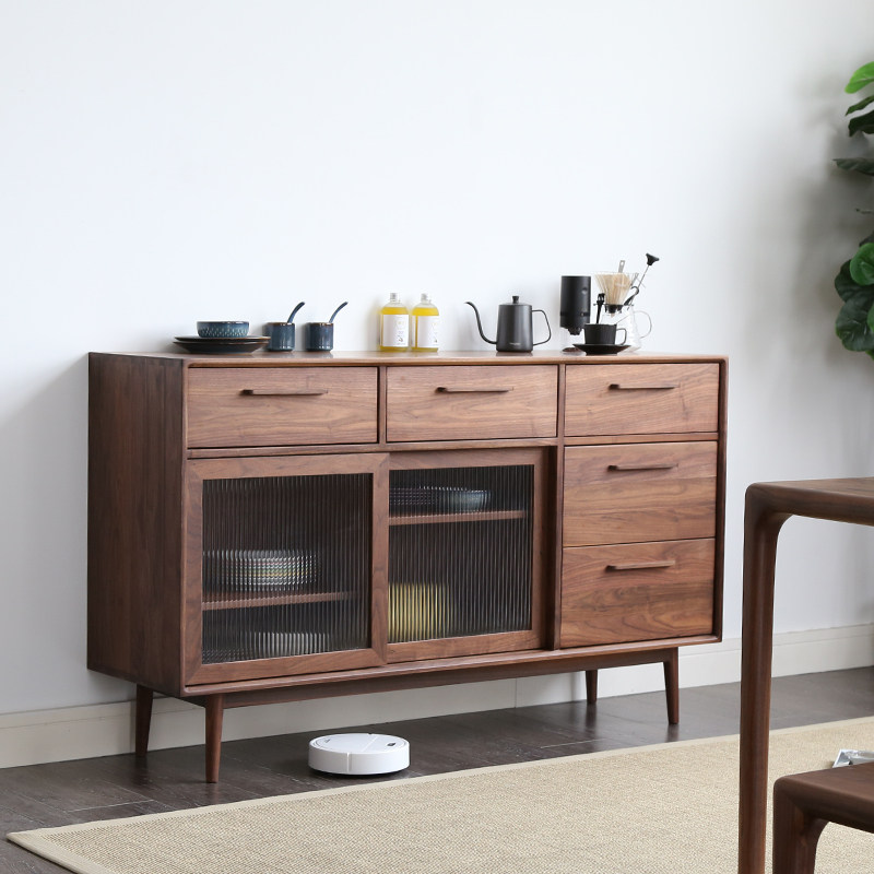 清木堂家具黑胡桃木餐边柜北欧日式简约餐厅实木移门收纳柜储物柜