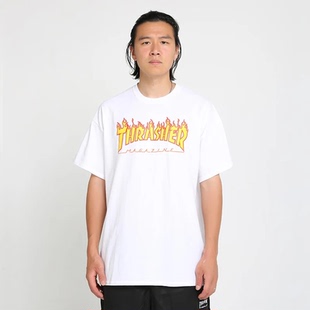 现货 THRASHER 美版经典联名情侣紫色火焰基础短袖T恤