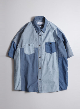 FDMTL 24SS 拼接3YR水洗牛仔短袖衬衫 日系复古