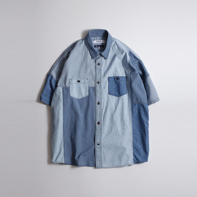 拼接3YR水洗牛仔短袖衬衫FDMTL