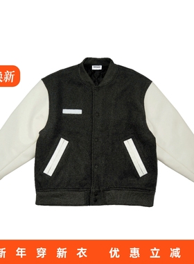 RADIUM 50%羊毛呢料PU袖秋冬日系潮牌户外复古立领棒球服棉衣外套