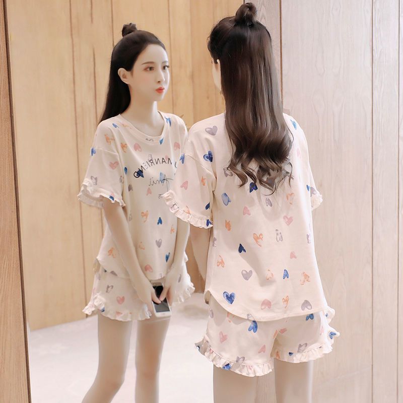 清新可爱短袖短裤睡衣女夏季纯棉睡衣/家居服套装